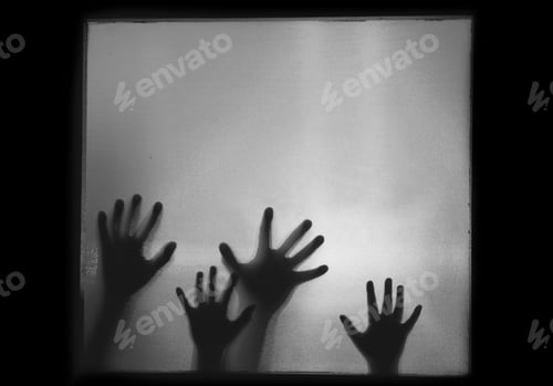 Preview: Shadowy figure hands behind glass - horror background