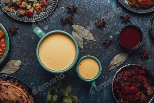Preview: Healthy Indian Ayurveda drink mango lassi in two cups on rustic concrete table