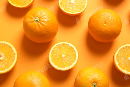 Preview: Flat lay composition with ripe oranges on color background
