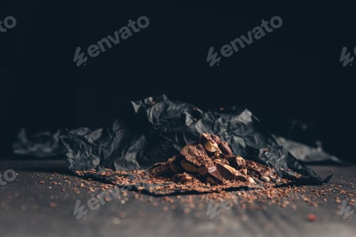 Preview: Crushed and shredded chocolate with nuts on wooden surface