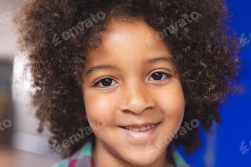 Preview: In school, young biracial boy with curly hair is smiling