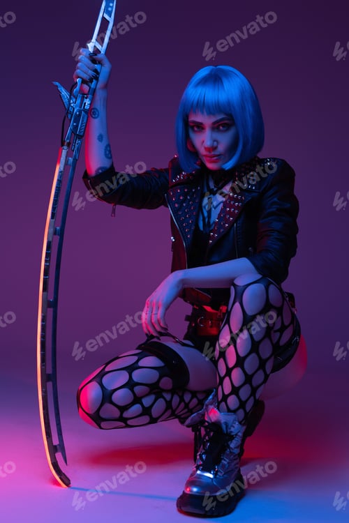 Preview: Martial cyberpunk hipster woman with sword inside studio