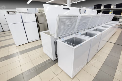 Preview: rows of freezers and refrigerators in appliance store