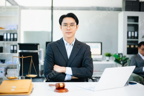 Preview: Confident Asian lawyer using tablet with gavel and justice scales on desk, looking