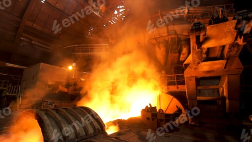 Preview: Hot dark workshop of steel production in electric furnaces, with burning fire and smoke. Stock