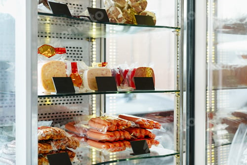Preview: Fresh meat sausages stall at the food shop