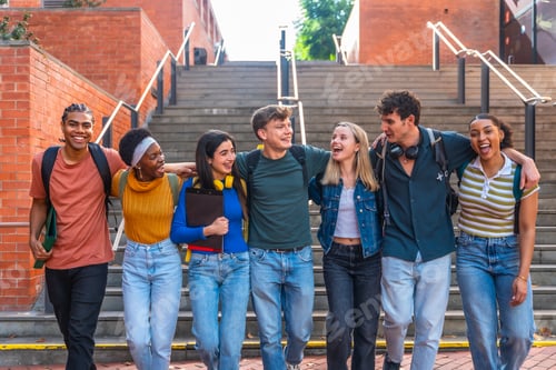 Preview: Diverse students walking on campus having fun