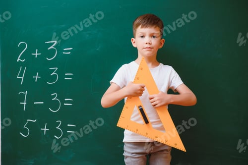 Preview: Funny schoolboy near the green school board in the classroom. Elementary school. Back to school.