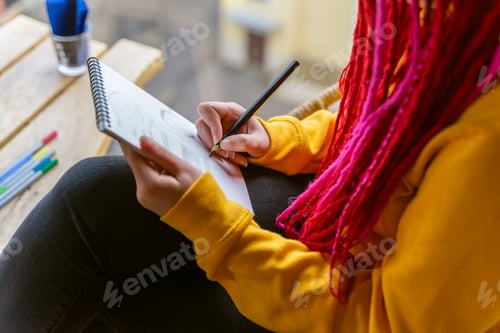 Preview: Digital nomad concept. Girl freelancer remotely working on laptop in cafe, coworking.