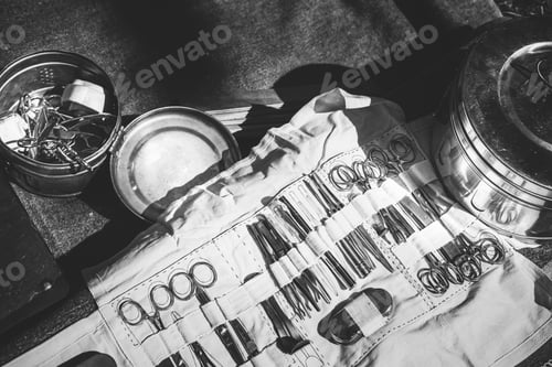 Preview: Old Medical And Surgical Instruments. Many Surgical Instruments For Surgery. Old Different Metal