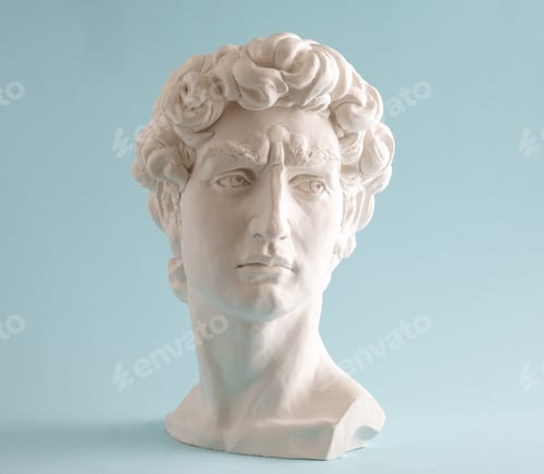 Preview: White plaster statue head of David on pastel blue background. Minimal art poster.
