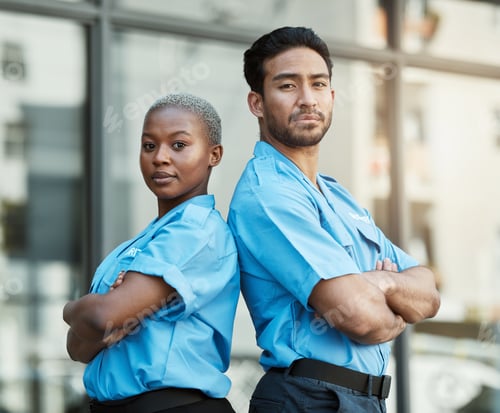 Preview: People, portrait and security guard team with arms crossed in city for career safety or outdoor pro