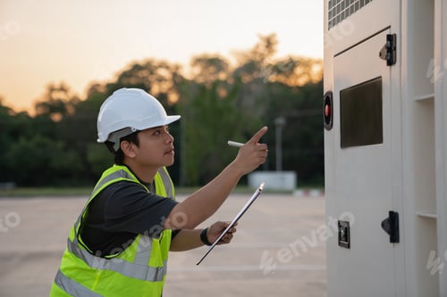 Preview: Electrical engineer carefully checks the power distribution cabinet, looking over the connections.
