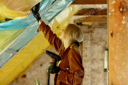 Preview: Woman with screwdriver fix roof in home