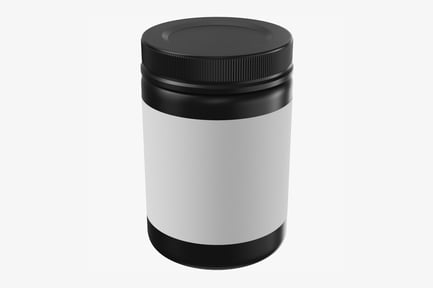 Preview: Supplement Jar, Black-Lidded White Cylindrical Container with Blank Label