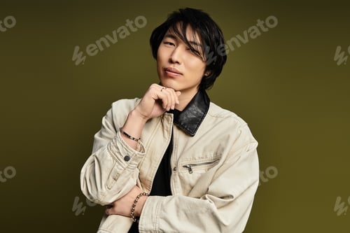 Preview: Stylish young man poses thoughtfully in a trendy studio setting with creative lighting