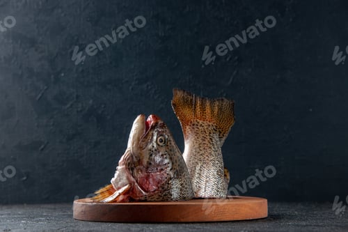 Preview: front view fresh sliced fish on dark blue background seafood meal ocean water sea meat food meal