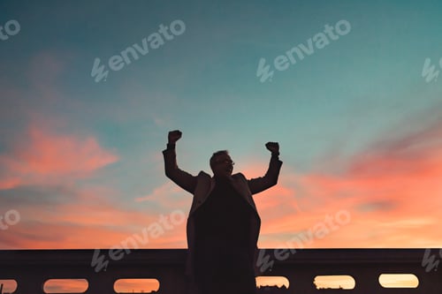 Preview: A silhouette of businessman standing on a bridge at dusk, expressing excitement.