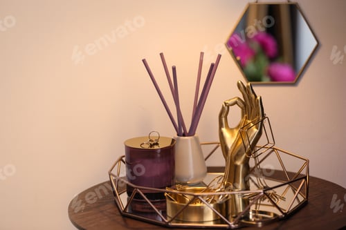 Preview: Composition with stylish accessories and interior elements on table indoors
