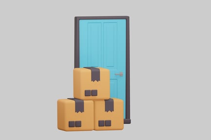 Preview: Stacked shipping boxes by blue door