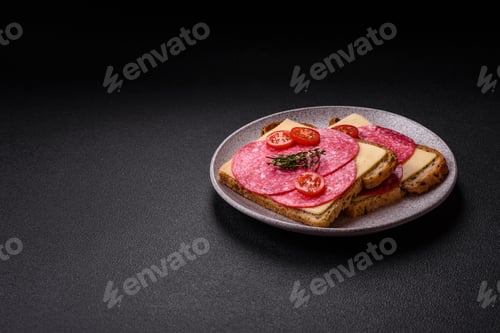 Preview: Sandwich with toast, salami slices, cheese and tomatoes, salt and spices