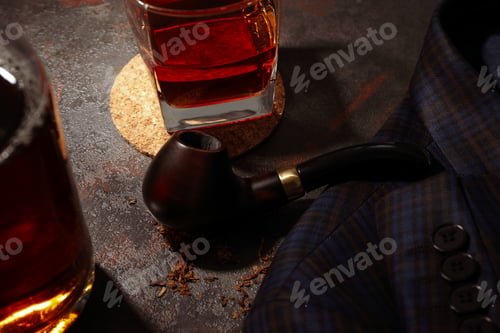 Preview: Concept of relaxation with smoking tobacco with smoking pipe and drinking alcohol