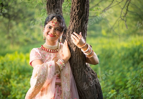 Preview: Beautiful Indian bride in traditional wedding dress.
