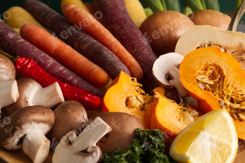 Preview: Sliced seasonal vegetables close-up rustic style, healthy lifestyle