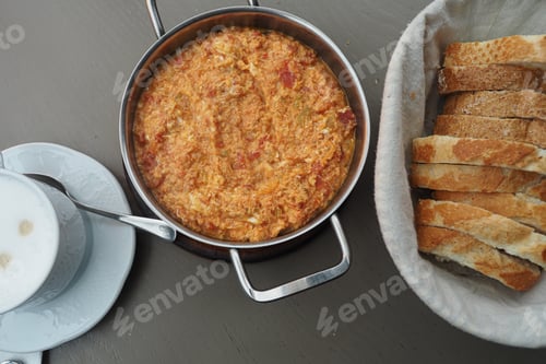 Preview: Turkish Menemen omelet in a frying pan. .