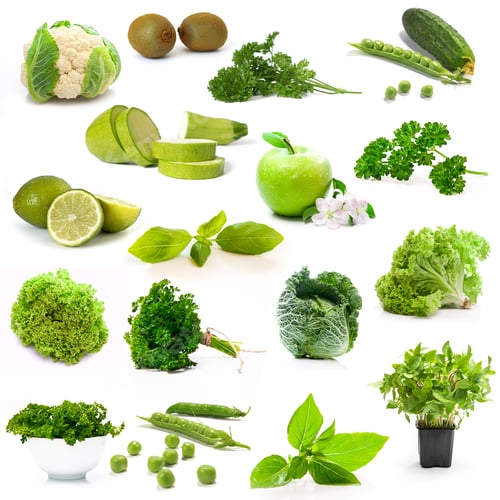 Preview: green vegetables and fruits on white background