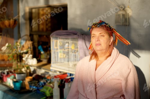 Preview: A woman with a colorful headband sits in a sunlit room, a birdcage in the background.