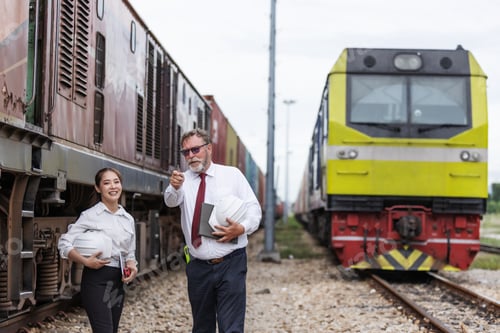 Preview: Two professionals stand near a freight train