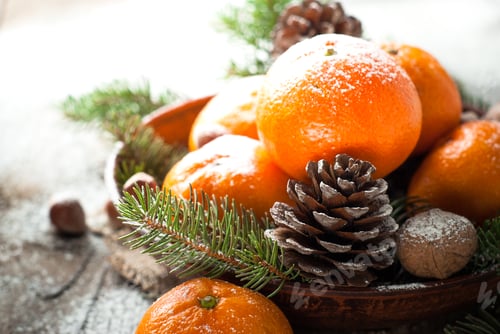 Preview: Tangerines, fir tree, pinecones and nuts. Christmas food decorations