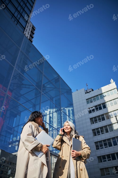 Preview: Elegant women with laptops having phone conversation outdoors