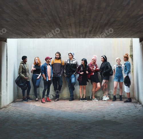 Preview: group of friends posing stylish teenagers hanging out in urban scene self image diversity