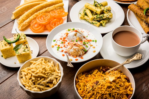 Preview: Group of Gujarati snacks food from India