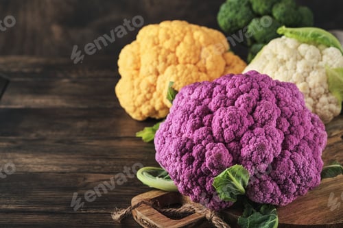 Preview: Colorful cauliflower. Various sort of cauliflower on old wooden background. Purple, yellow, white an