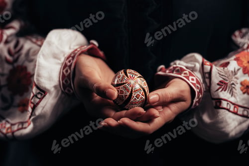 Preview: Ukrainian woman hand painted Easter egg. Geometric slavic decoration ornaments