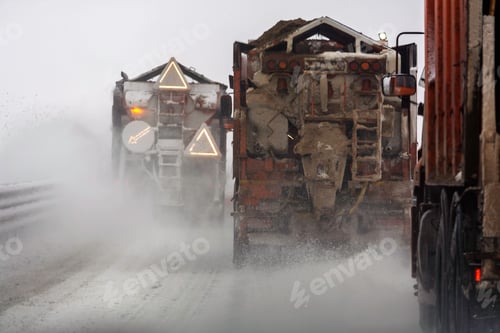 Preview: Convoy of road service salt spreader trucks moves through heavy blizzard on winter highway