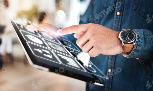 Preview: Hands, tablet and hologram dashboard in office, startup and typing for web design, ux test and futu