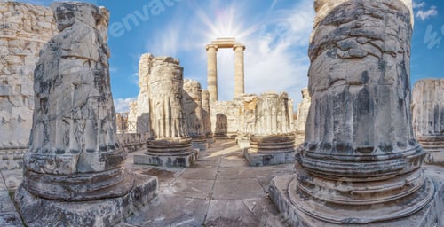 Preview: Panorama of Temple of Apollo in ancient city of Didim under the blue cloudy sky