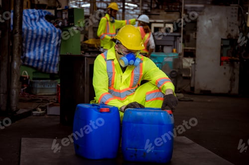 Preview: Engineer industry wearing safety uniform ,black gloves ,gas mask feel suffocate when under checking