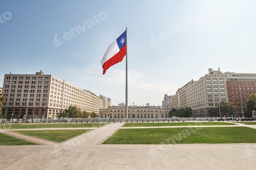 Preview: La Moneda Palace and Bicentenario Chilean Flag - Santiago, Chile