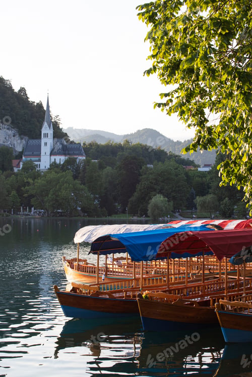 Preview: Pletna rowing boats on the alpine Bled lake, Slovenia, Europe