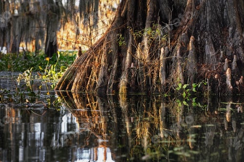 Preview: Closeup shot of a tree reflected in the water in Great Cypress Swamps, USA