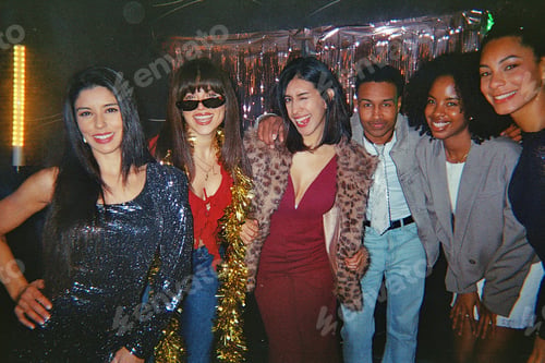 Preview: Diverse friends enjoying fun party with retro analog camera vibe