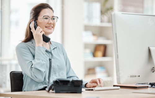 Preview: Telephone, computer and business woman in office, talking or conversation. Landline, receptionist a