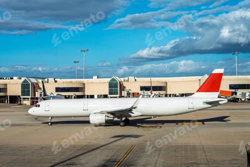 Preview: Commercial Airplane Positioned on Airport Tarmac with Cloudy Blue Sky, Aviation Theme