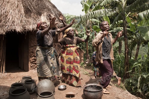 Preview: Joyful dance outside a rural hut with lush greenery in the background