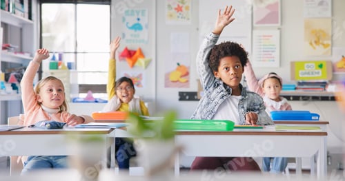 Preview: Education, question and answer with students in classroom for learning, discussion and knowledge. H